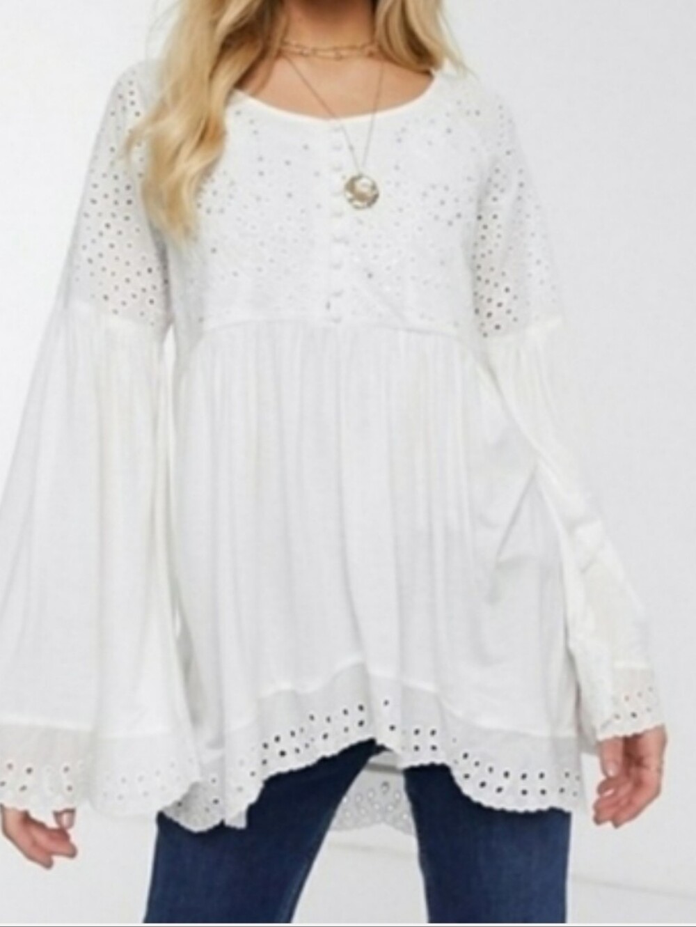 Free People White Eyelet Bell Sleeve Tunic Top Medium
